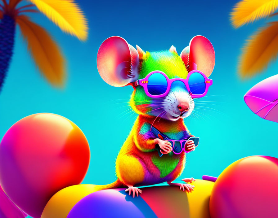 Colorful Mouse with Sunglasses on Ball in Tropical Setting