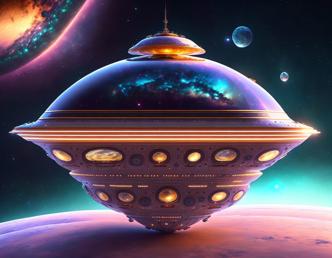 Futuristic spaceship with dome structure and illuminated portholes in space.