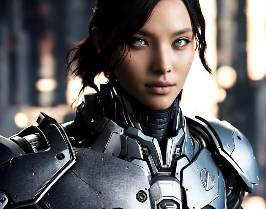 Short-haired woman in futuristic armor gazes ahead against detailed backdrop