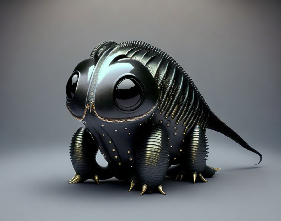Stylized 3D illustration of cute, mechanical creature with glossy eyes