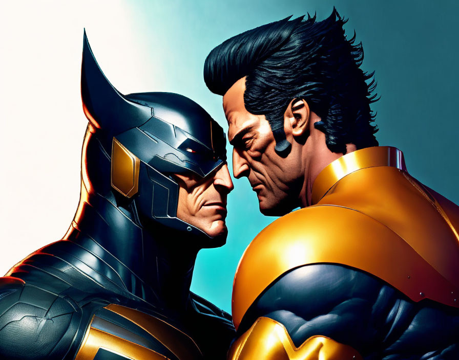 Iconic superheroes in black and blue suit face off with yellow and blue suit character.
