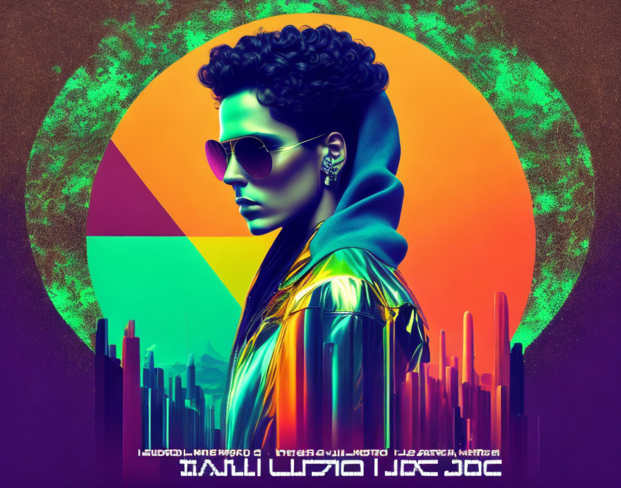 Stylized graphic of woman in sunglasses and shiny jacket against colorful geometric backdrop with futuristic city silhouette.