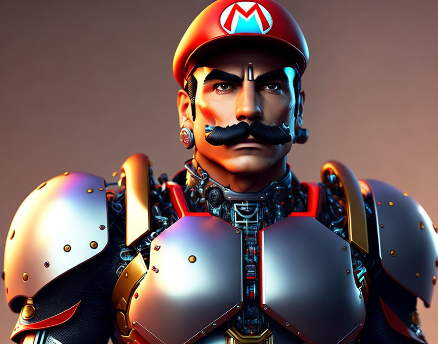 Hyper-realistic Mario in armor with detailed mustache, cap, and mechanical suit on warm background