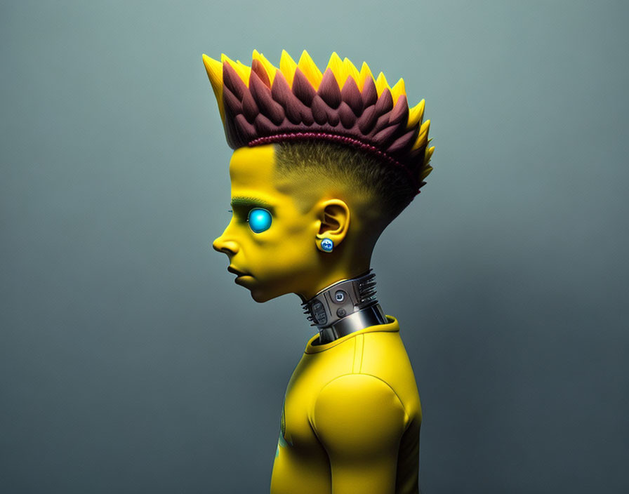 Character with Yellow Skin, Blue Eyes, Magenta Mohawk, and Mechanical Neck Detailing