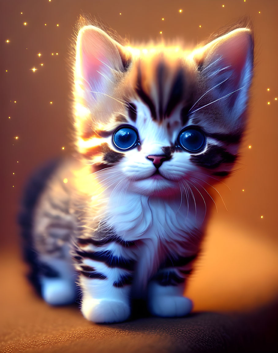 Cute kitten digital illustration with glossy eyes and striped fur