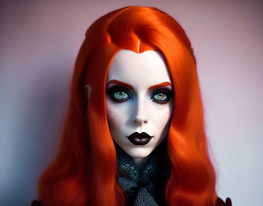 Gothic doll with red hair and blue eyes on pale background