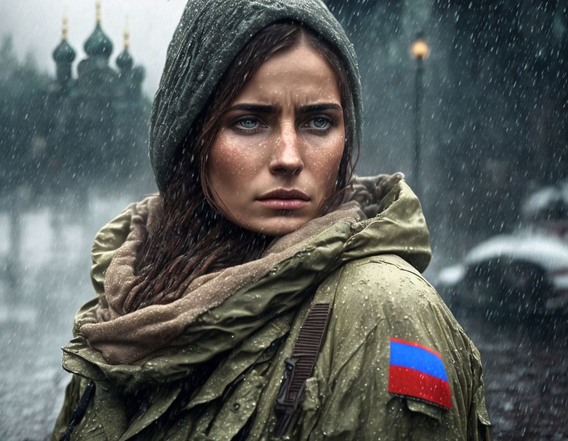 Blue-eyed woman in green jacket with Russian flag hood, glancing anxiously in snow