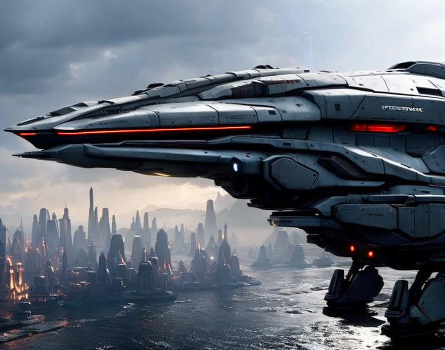 Futuristic spacecraft flying over stormy cityscape