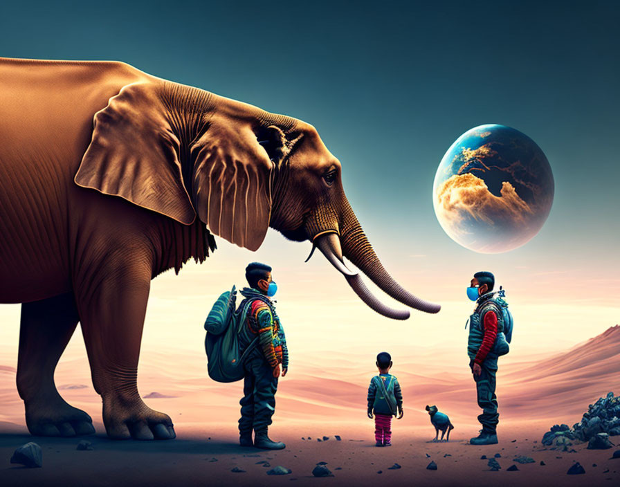 Elephant, astronauts, bird on Mars-like surface with Earth in distance