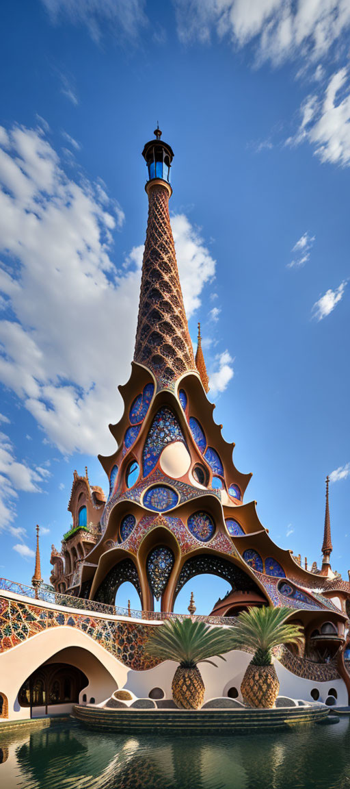 Ornate Arabesque Spire with Vibrant Mosaics and Arches