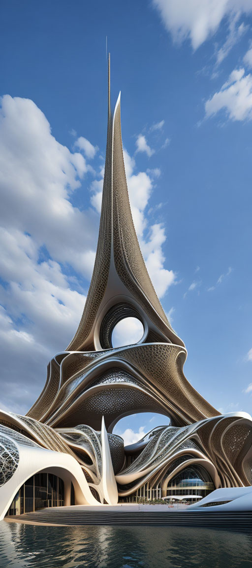 Futuristic organic building with flowing curves and towering spire