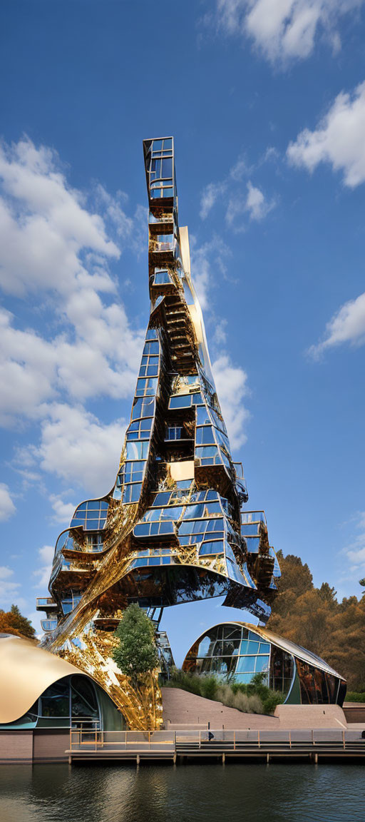 Modern Building with Reflective Gold Facade by River