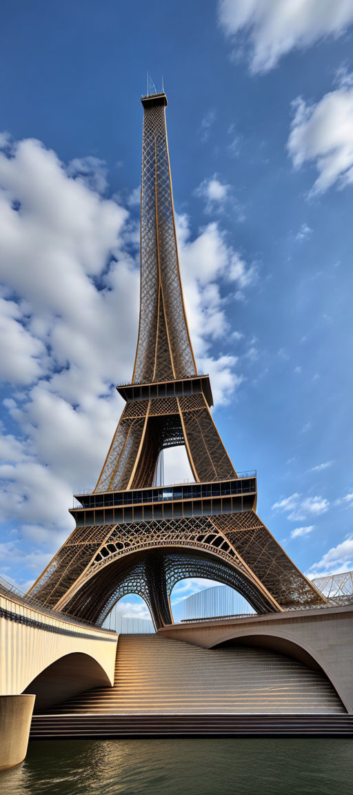 Iconic Eiffel Tower with Seine River and bridge under blue skies