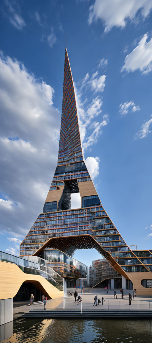 Triangular futuristic skyscraper by river with people walking.