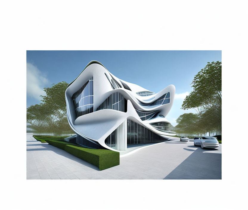 Dynamic modern architectural building with curvaceous shapes and glass windows, set in lush greenery.