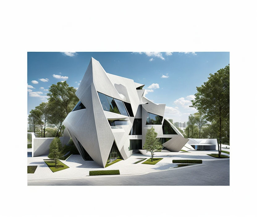 Angular white facade modern building with large windows and manicured lawns.