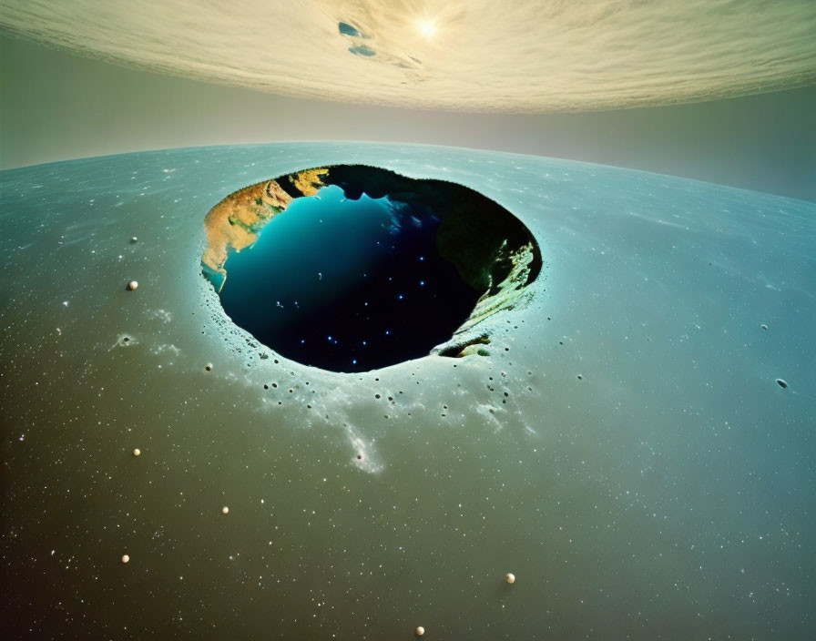 Circular fisheye lens photo of starry night sky with rocky edges and bright horizon gradient