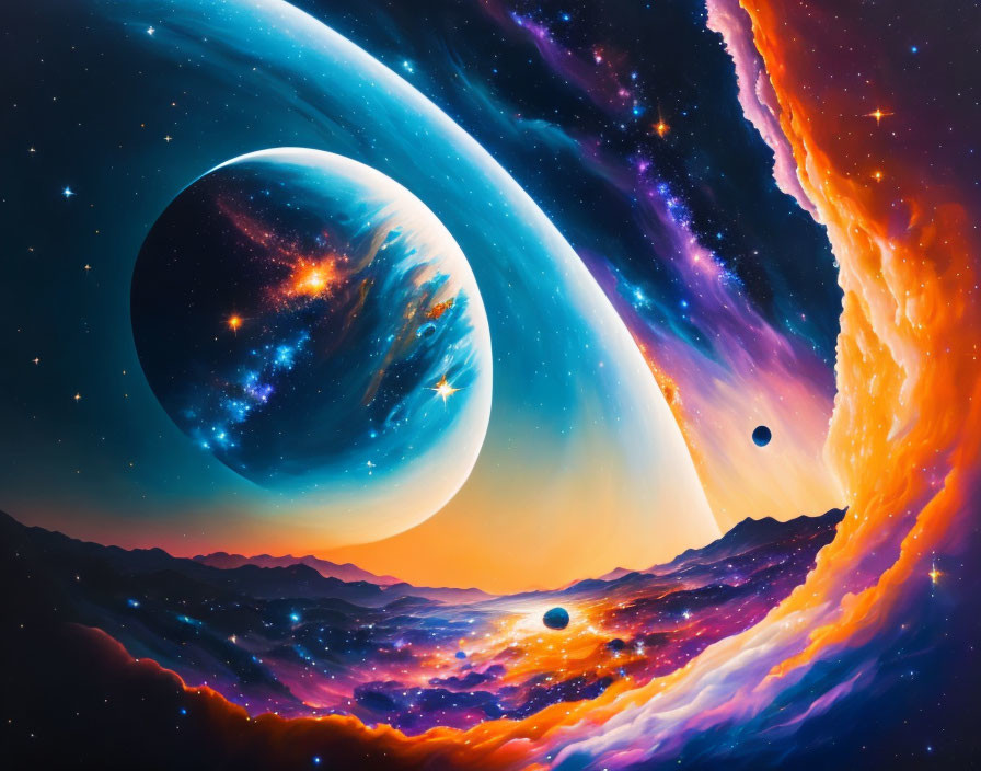 Colorful cosmic landscape with planets, stars, nebula, and mountains