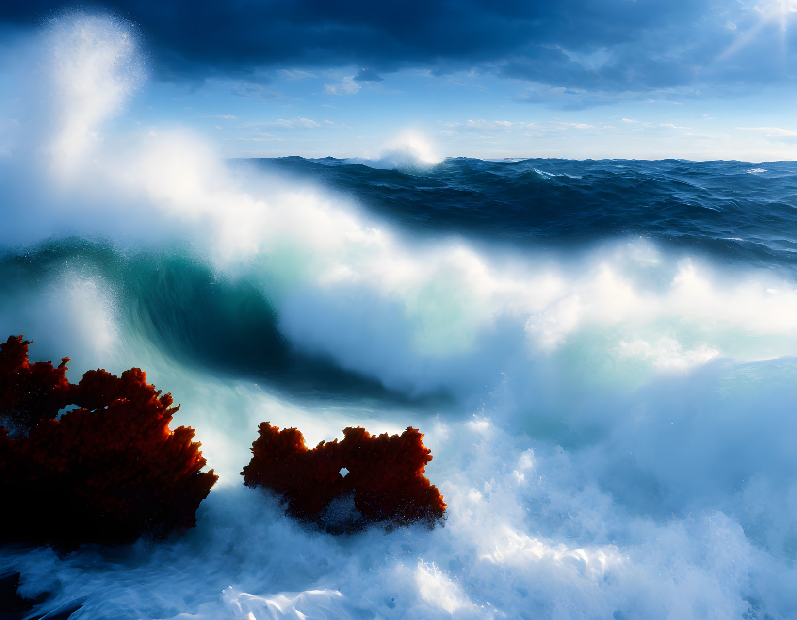 Vivid Image of Turquoise Waves Crashing Against Red Coral