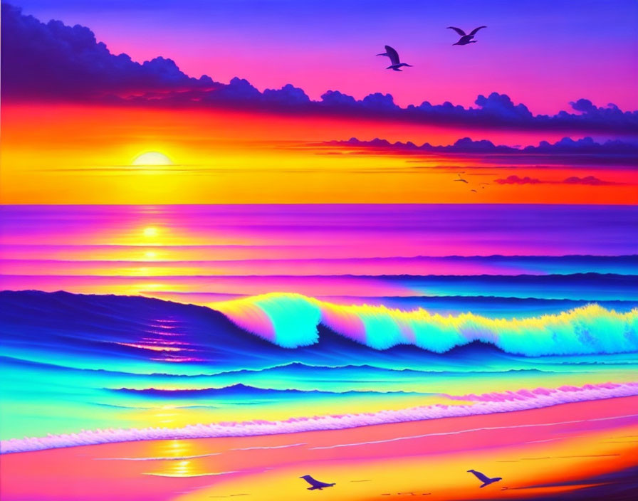 Colorful Sunset Over Ocean Waves with Birds Flying