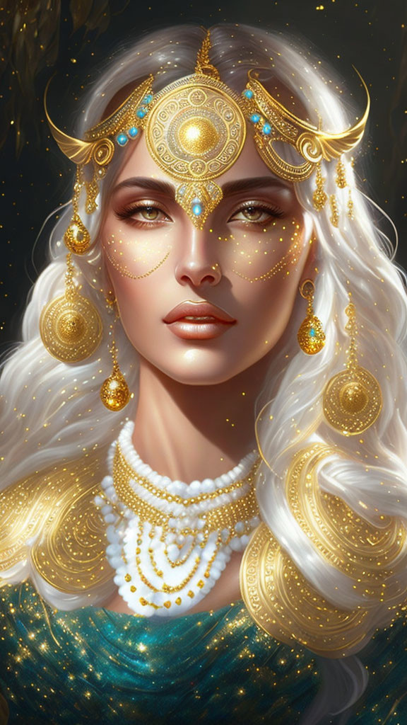 Illustrated portrait of woman with golden jewelry and sparkling adornments on face against starry night backdrop