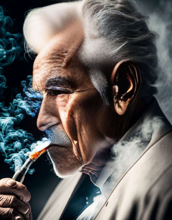 Elderly man with white hair smoking against dark background