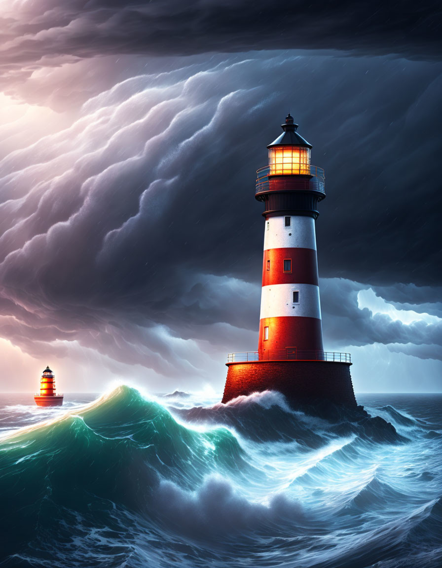 Lighthouse shining in stormy seascape