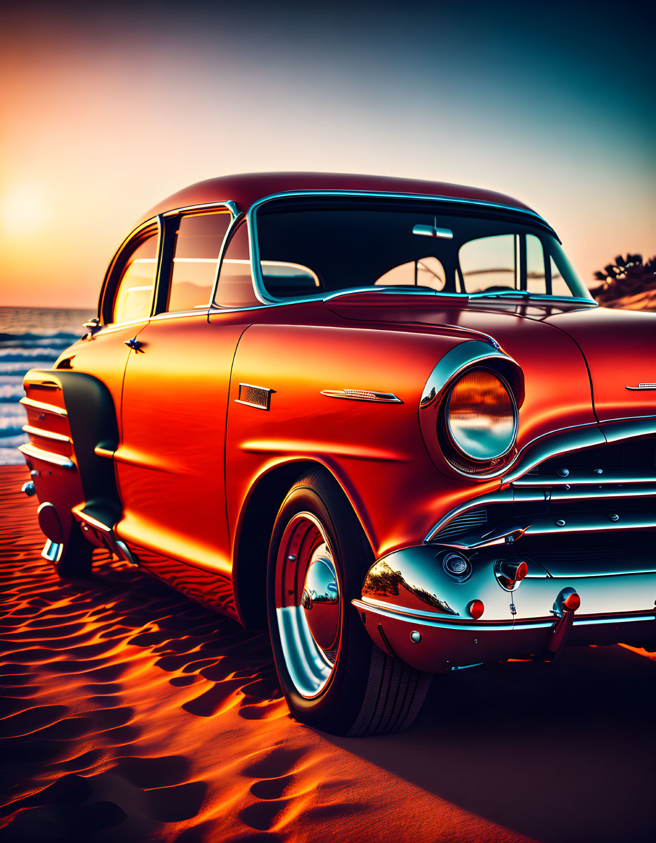 Classic Red Car Parked on Sandy Beach at Sunset with Ocean Reflections