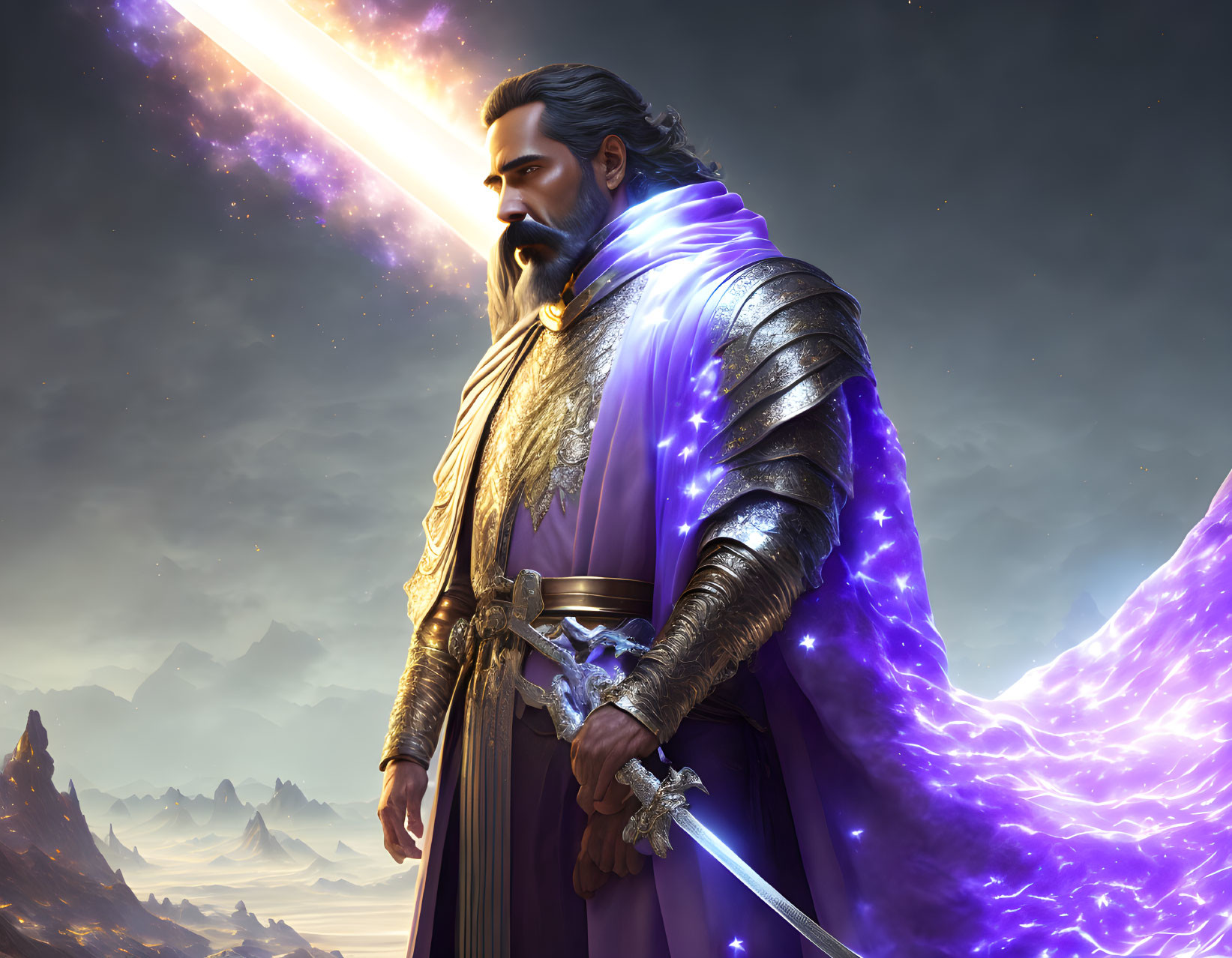 Bearded warrior in ornate armor wields sword against cosmic backdrop