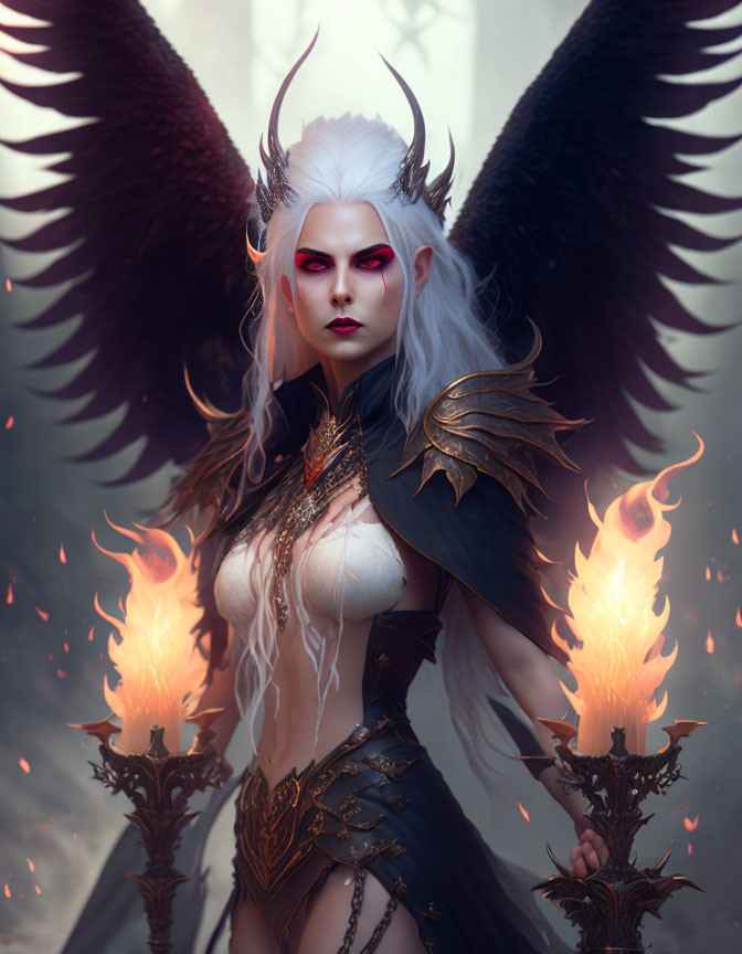 White-haired female figure with red eyes and black wings holding torches in ornate armor.