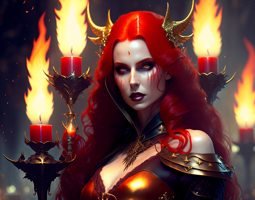 Red-haired horned female fantasy character with red eyes and facial markings in candlelit setting