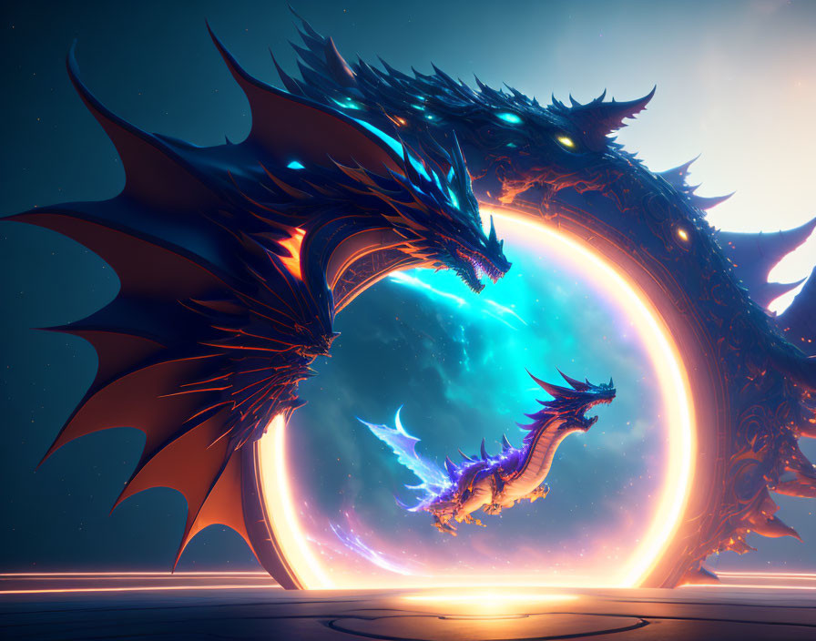 Two dragons in mystical setting with glowing portal