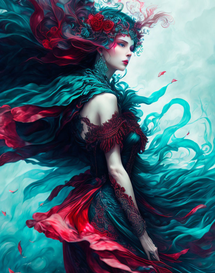 Fantastical Female Figure in Red and Turquoise Attire with Smoke-Like Patterns