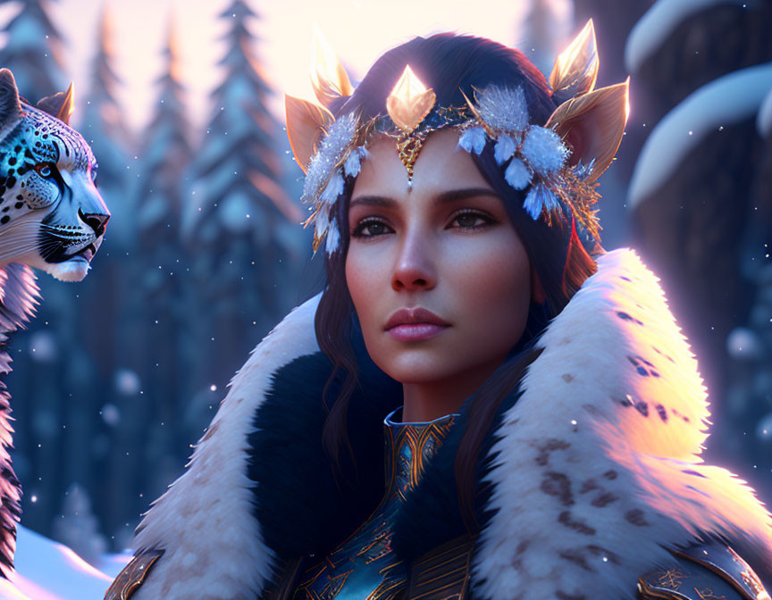 Woman in fur cloak and golden crown with spectral snow leopard in wintry forest.