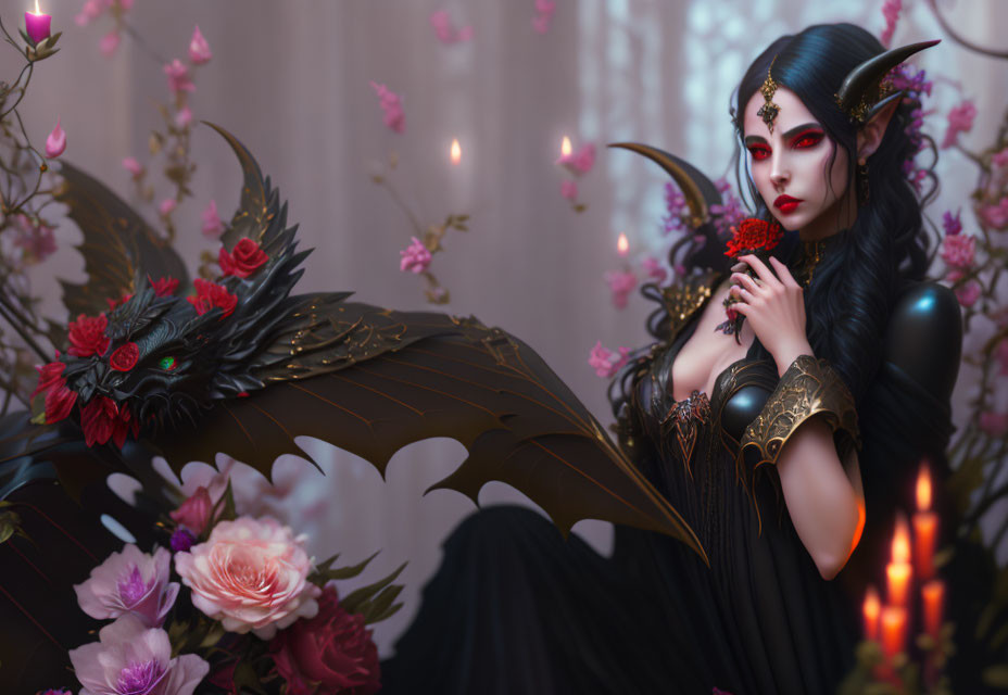 Fantasy scene with elfin woman, red flower, mystical bird, blooming flowers, and candles