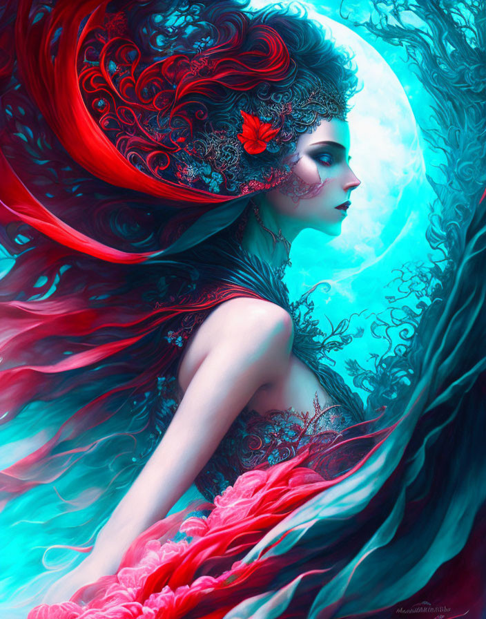 Fantasy portrait of woman with red hair and headdress on teal backdrop with moon and tree silhou