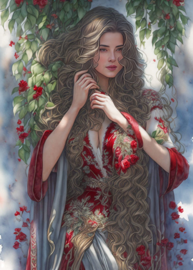 Woman with long wavy hair in red and grey gown among blooming vines