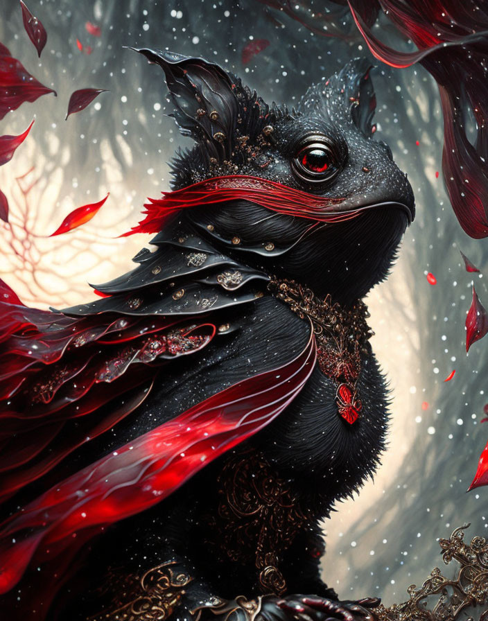 Black creature with red eyes in red and black plumage and armor, among floating red leaves.