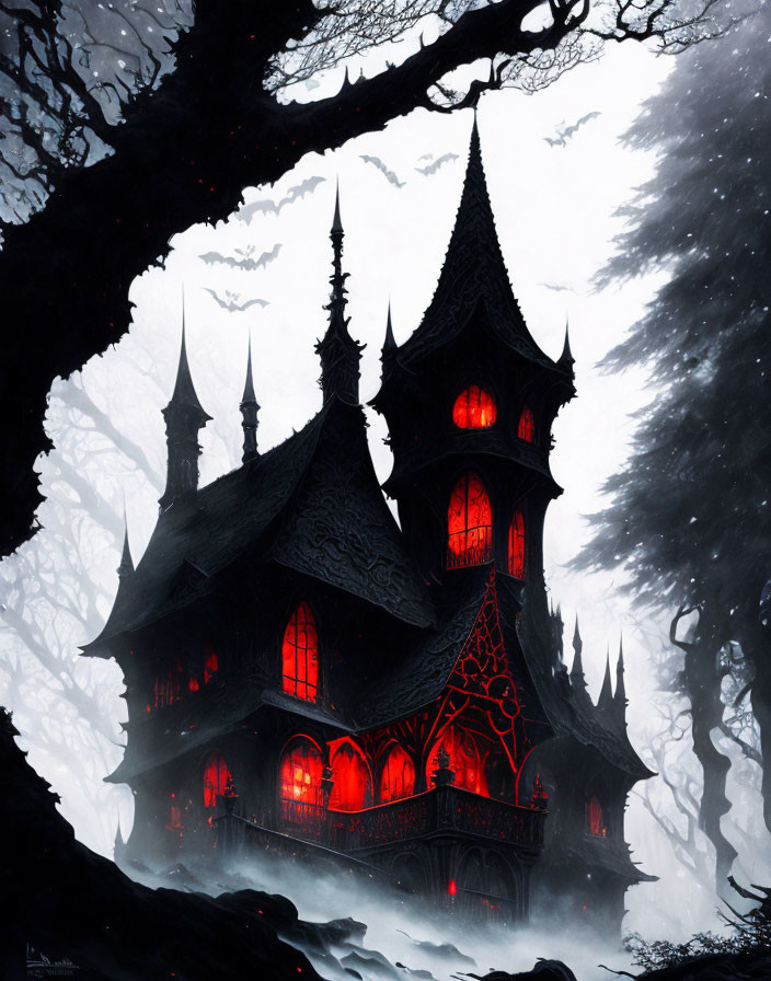 Gothic-style mansion in misty forest with red glowing windows