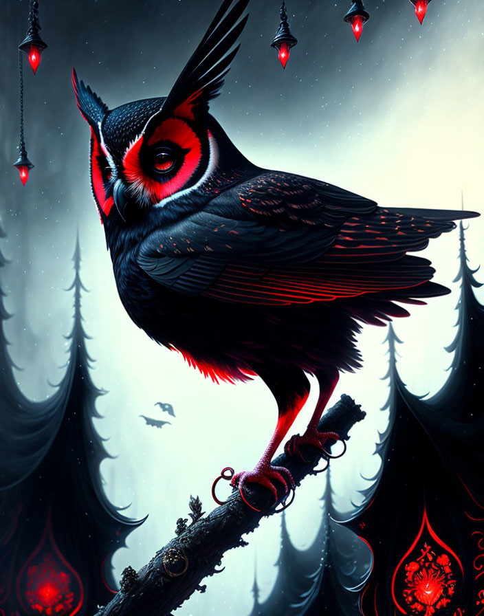 Stylized black and red owl on branch in mystical forest with red crystals