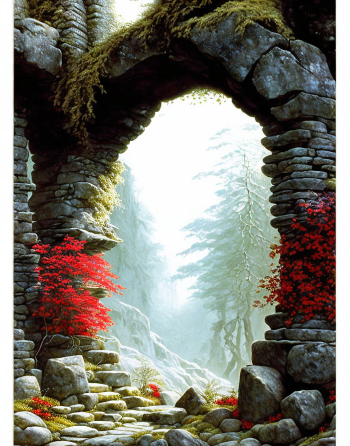 Ancient stone archway with green moss, vines, and red flowers in misty forest