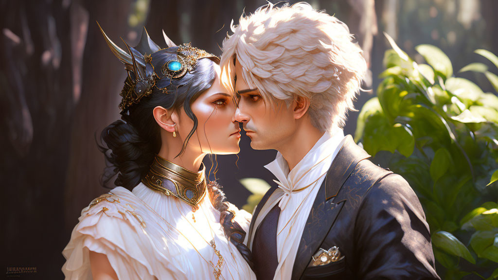 Fantasy characters with ornate attire and elaborate hairstyles in forest setting