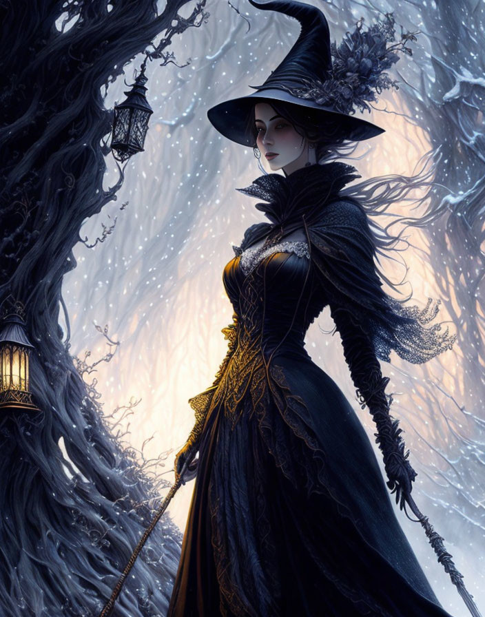 Illustration of enchanting witch in black and gold dress by gnarled tree in snowy forest