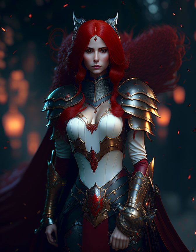 Warrior with Red Hair and Fox-like Ears in Fantasy Armor Amid Glowing Embers