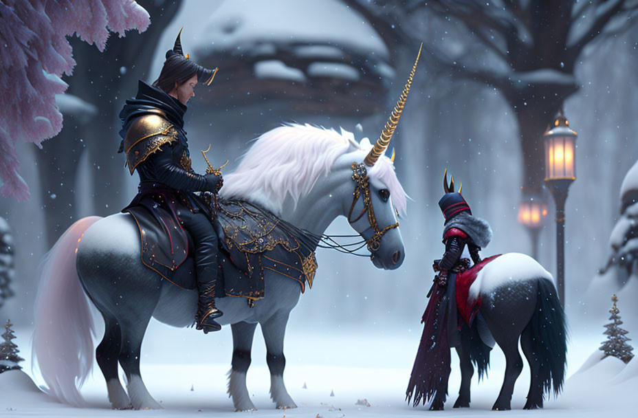 Warrior in Black Armor Rides White Unicorn in Snowy Landscape