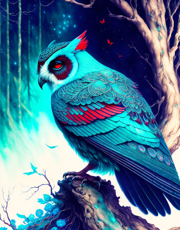 Colorful Owl Illustration on Branch in Starry Night