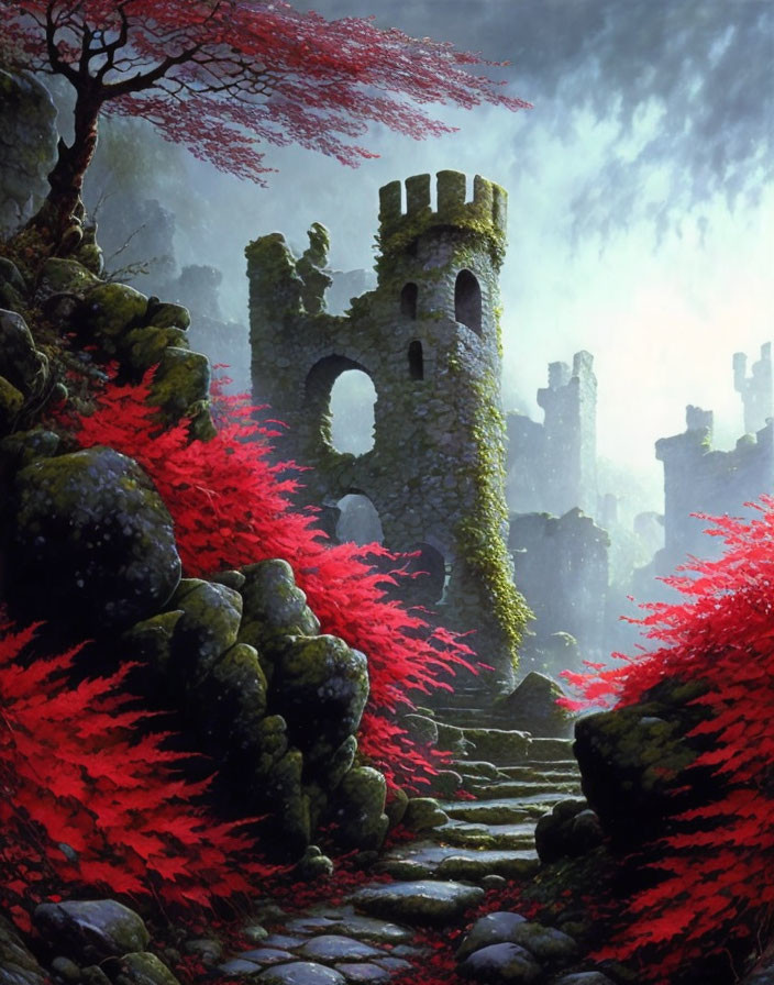 Ancient stone tower in misty ruins with red foliage