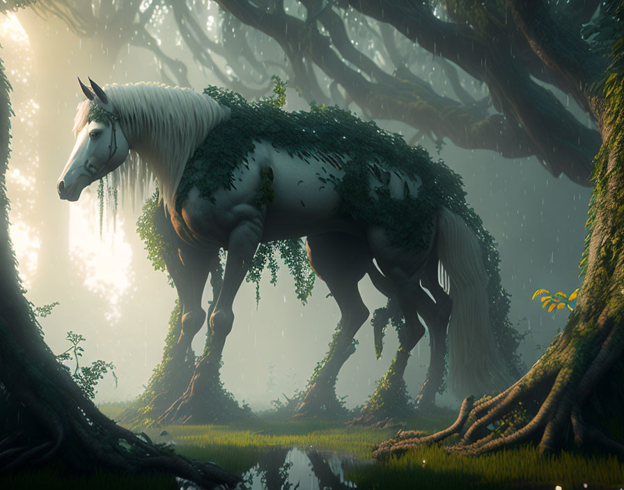 Mystical white horse with foliage-draped mane in enchanted forest