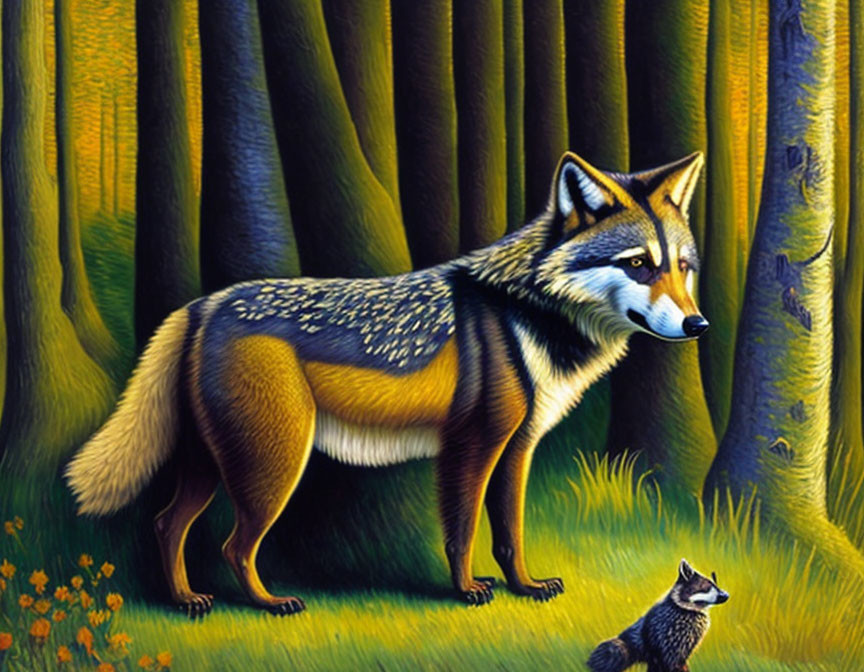Adult fox and small raccoon in vibrant forest with tall trees and orange flowers