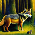 Adult fox and small raccoon in vibrant forest with tall trees and orange flowers